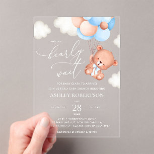Baby Bear, Teddy Bear, Blue Balloons, Baby Shower Acrylic Invitations