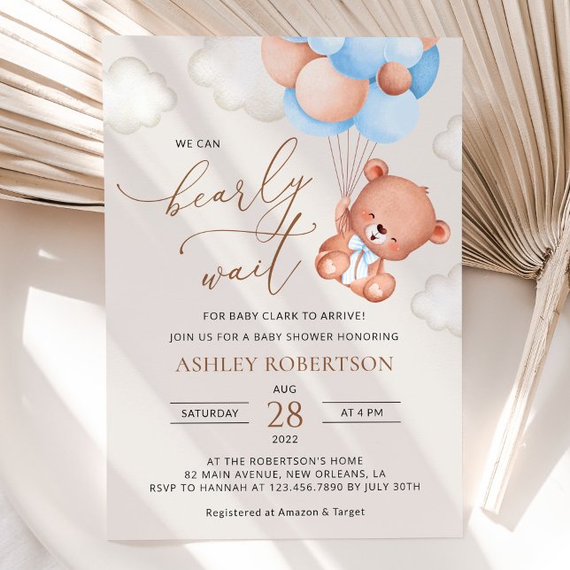 Baby Bear, Teddy Bear, Blue Balloons, Baby Shower Invitation (Creator Uploaded)