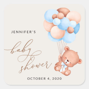 Baby Bear, Teddy Bear, Blue Balloons, Baby Shower Square Sticker