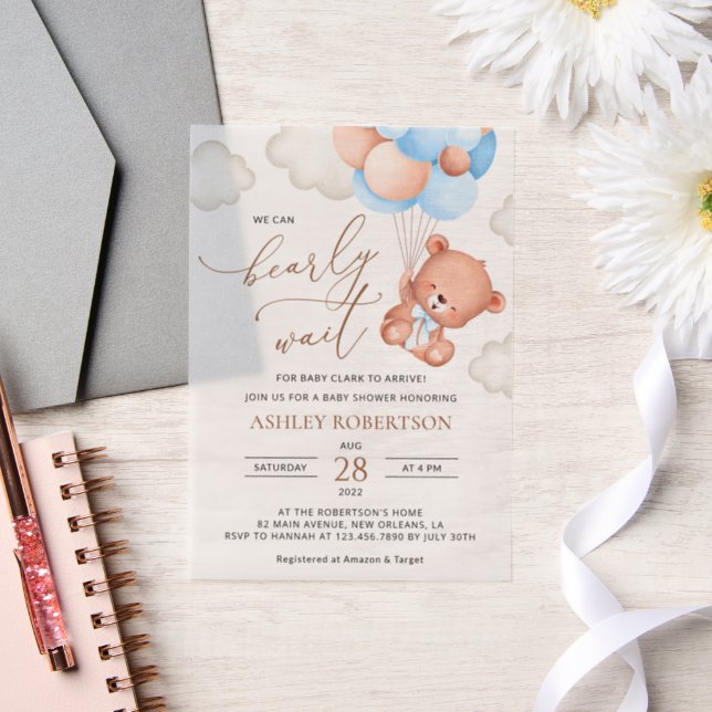 Baby Bear, Teddy Bear, Blue Balloons, Baby Shower Vellum Invitations (Wedding)