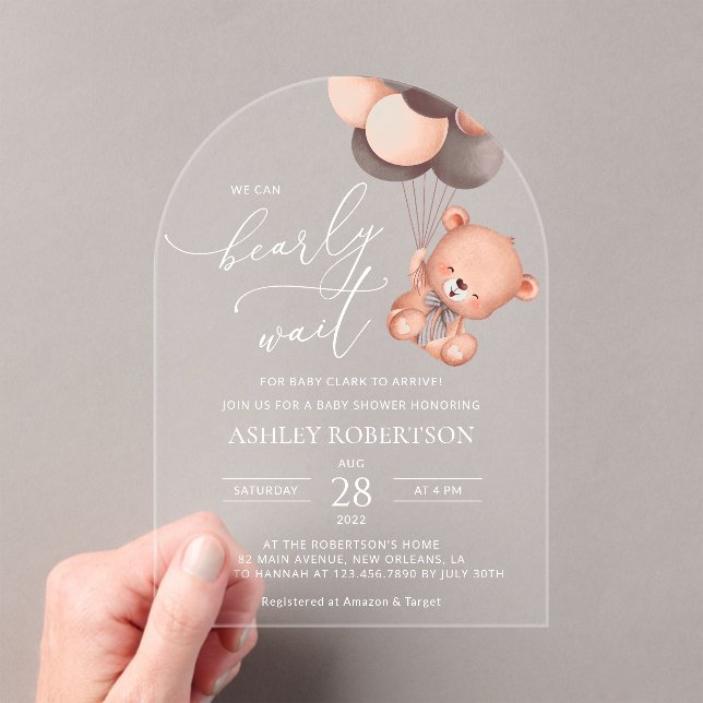 Baby Bear, Teddy Bear, Brown Balloons, Baby Shower Acrylic Invitations (Insitu (Handheld))