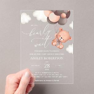 Baby Bear, Teddy Bear, Brown Balloons, Baby Shower Acrylic Invitations