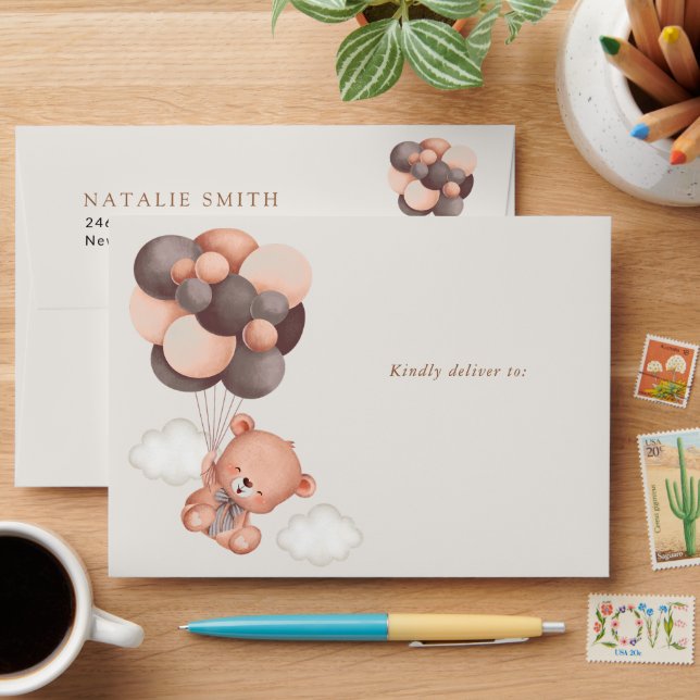 Baby Bear, Teddy Bear, Brown Balloons, Baby Shower Envelope (Desk)