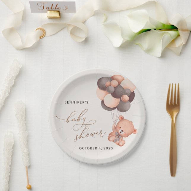 Baby Bear, Teddy Bear, Brown Balloons, Baby Shower Paper Plate (Wedding)