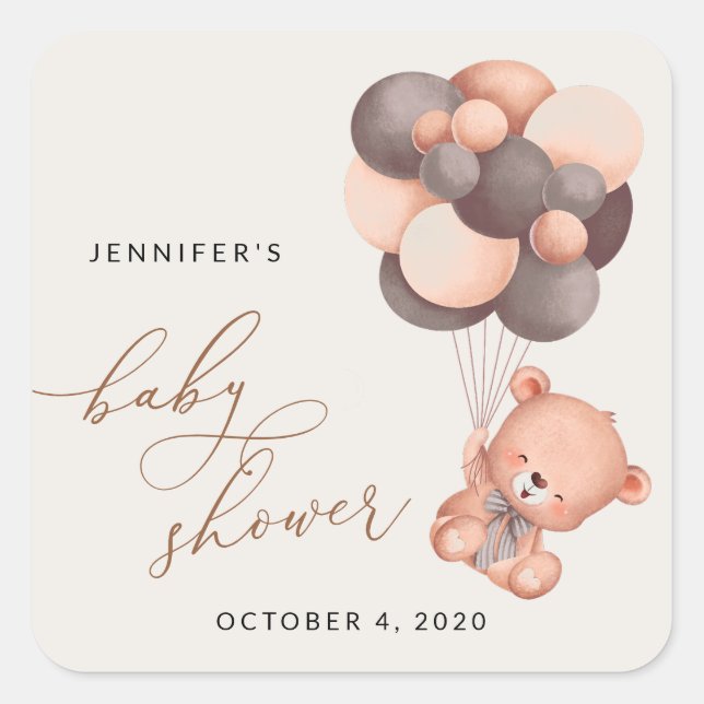 Baby Bear, Teddy Bear, Brown Balloons, Baby Shower Square Sticker (Front)