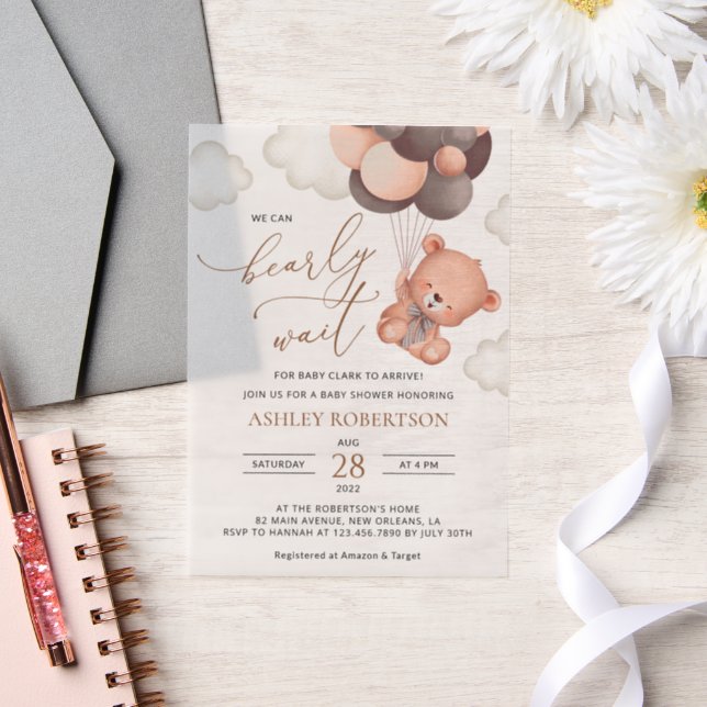 Baby Bear, Teddy Bear, Brown Balloons, Baby Shower Vellum Invitations (Wedding)