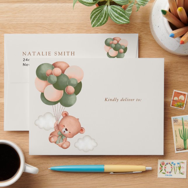 Baby Bear, Teddy Bear, Green Balloons, Baby Shower Envelope (Desk)