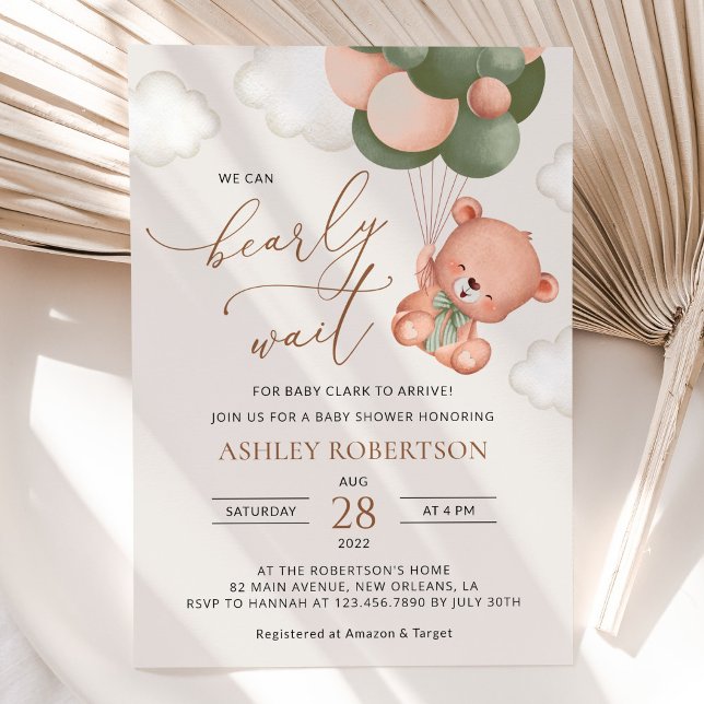 Baby Bear, Teddy Bear, Green Balloons, Baby Shower Invitation (Creator Uploaded)