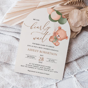 Baby Bear, Teddy Bear, Green Balloons, Baby Shower Invitation