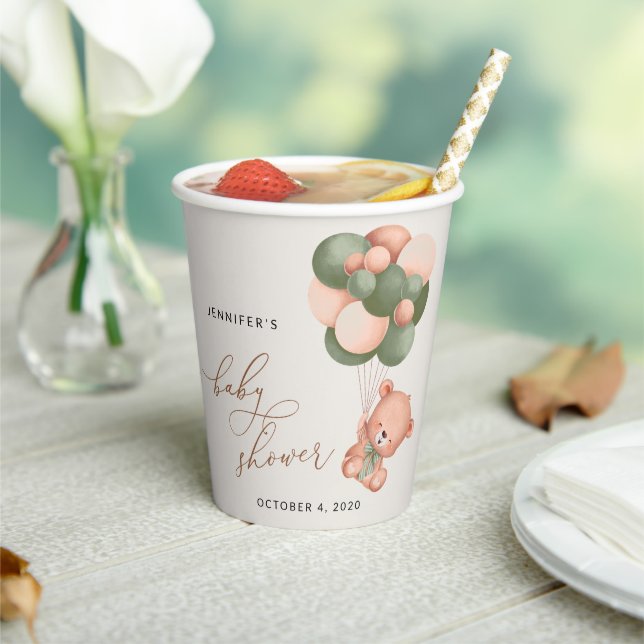Baby Bear, Teddy Bear, Green Balloons, Baby Shower Paper Cups (Insitu)