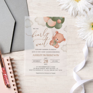 Baby Bear, Teddy Bear, Green Balloons, Baby Shower Vellum Invitations