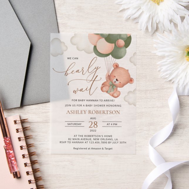 Baby Bear, Teddy Bear, Green Balloons, Baby Shower Vellum Invitations (Wedding)