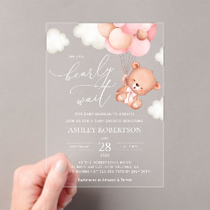 Baby Bear, Teddy Bear, Pink Balloons, Baby Shower Acrylic Invitations
