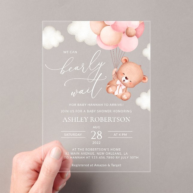 Baby Bear, Teddy Bear, Pink Balloons, Baby Shower Acrylic Invitations (Insitu (Handheld))