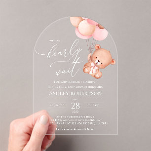 Baby Bear, Teddy Bear, Pink Balloons, Baby Shower Acrylic Invitations