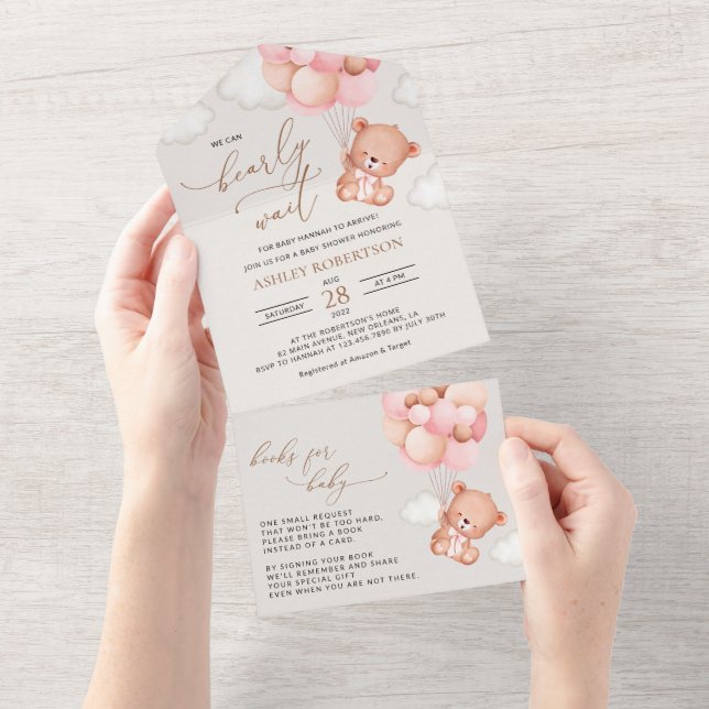 Baby Bear, Teddy Bear, Pink Balloons, Baby Shower All In One Invitation (Tearaway)