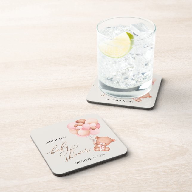 Baby Bear, Teddy Bear, Pink Balloons, Baby Shower Coaster (Right Side)