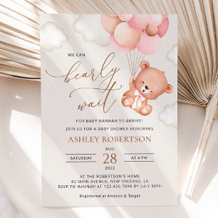 Baby Bear, Teddy Bear, Pink Balloons, Baby Shower Invitation