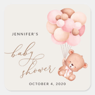Baby Bear, Teddy Bear, Pink Balloons, Baby Shower Square Sticker