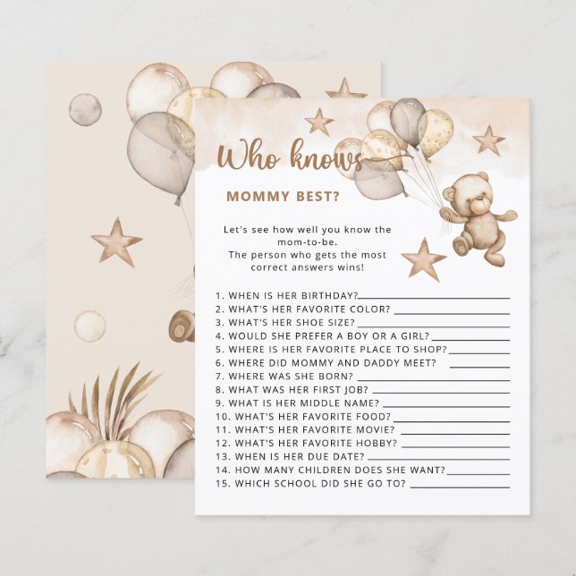 Baby bear Who knows mummy best baby shower game (Front/Back)