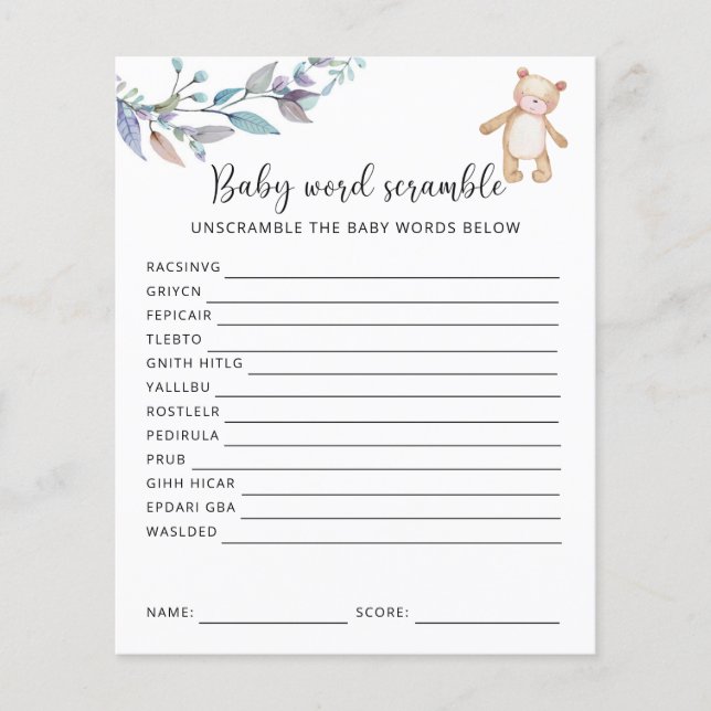 Baby Bear Word Scramble | Baby Shower Game (Front)
