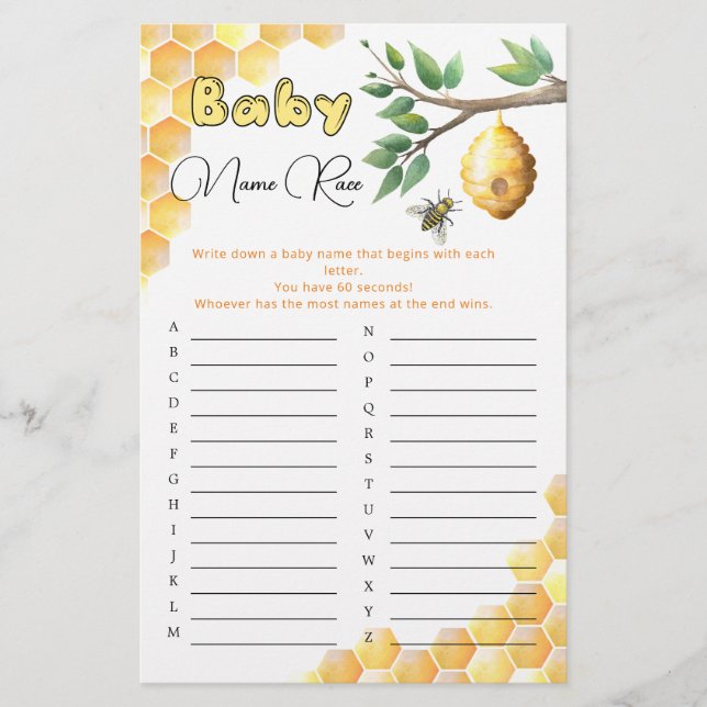 Baby Bee Baby Shower Baby Name Race Game (Front)