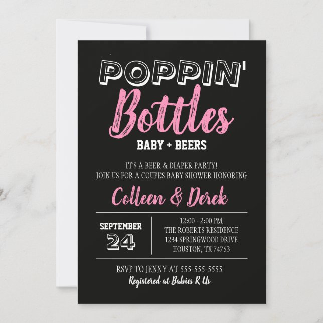 Baby & Beer Shower Invitation | Black and Pink (Front)