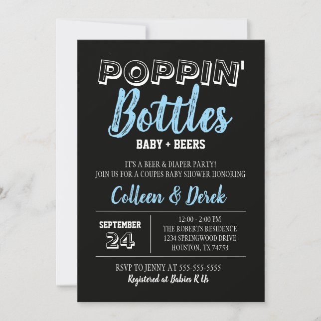 Baby & Beer Shower Invitation | Black & Blue (Front)
