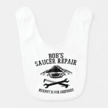 baby bib with black Bob's Saucer Repair logo