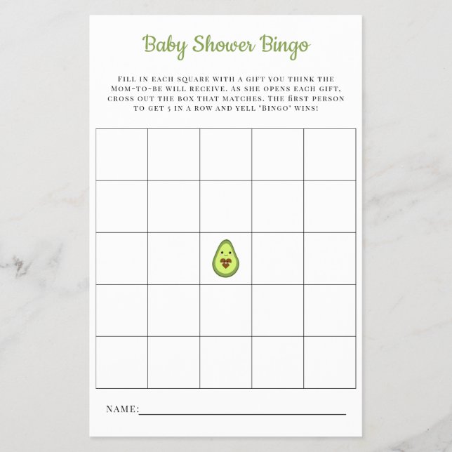 Baby Bingo Card Kawaii Avocado Baby Shower Game (Front)