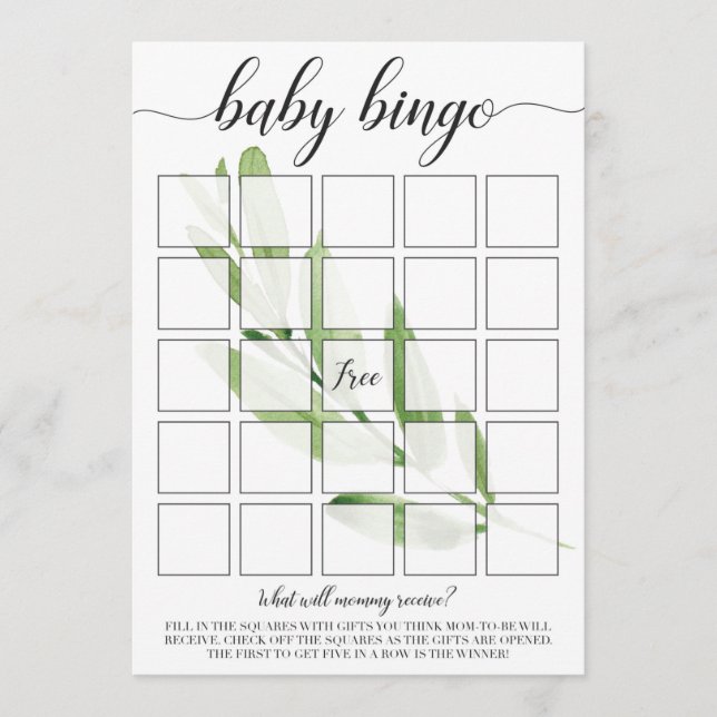 Baby Bingo Cards for Greenery Baby Shower Theme (Front)
