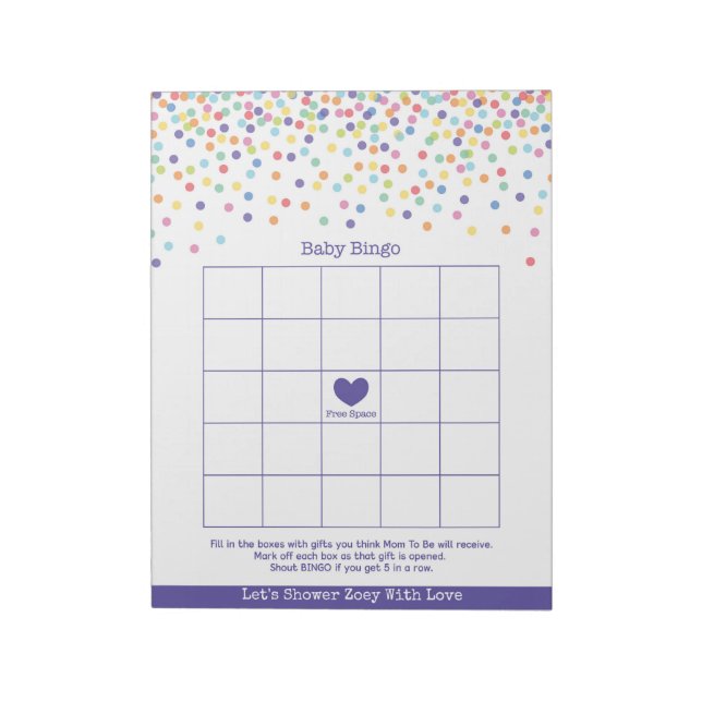 Baby Bingo Confetti Theme Baby Shower Game Notepad (Rotated)