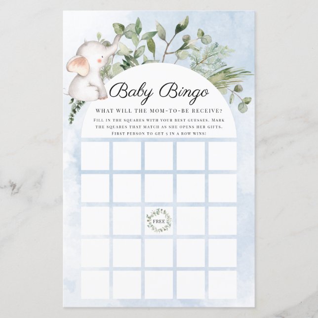 Baby Bingo Elephant Boy Blue Baby Shower Game (Front)
