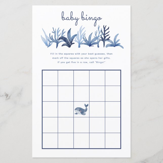 Baby Bingo Game Blue Whale Coral Party Baby Shower (Front)