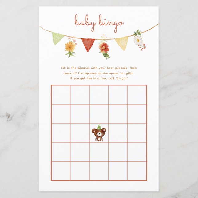 Baby Bingo Game Woodland Bear Fall Baby Shower (Front)