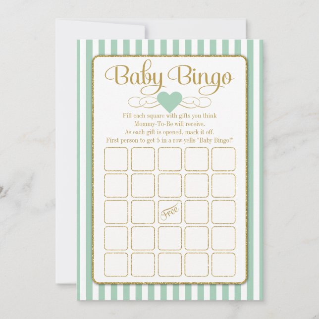 Baby Bingo Mint Green Gold Baby Shower Game Cards (Front)