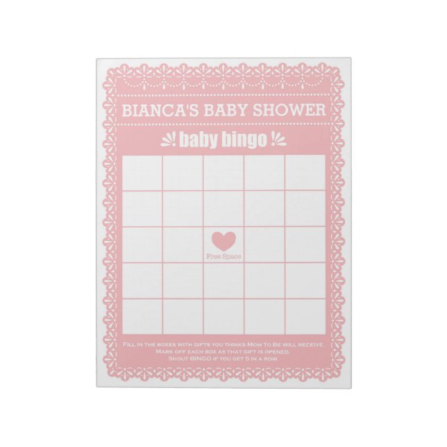 Baby Bingo Pink Papel Picado Baby Shower Game Notepad (Rotated)