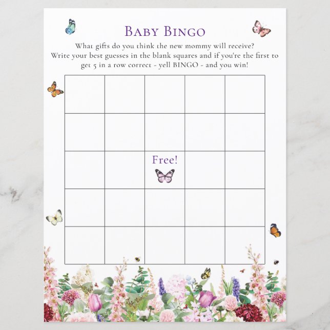 Baby Bingo | Pink Purple Floral & Butterflies Game (Front)