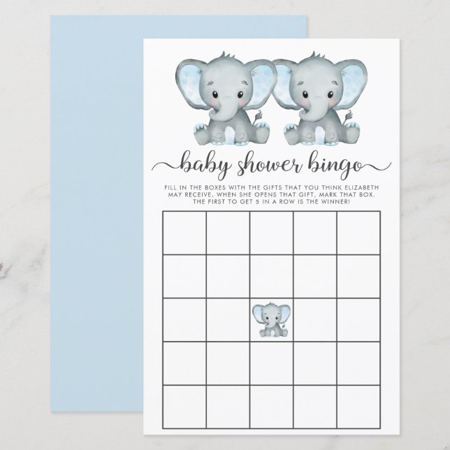Baby Bingo Twin Boys Elephant Shower Game (Front/Back)