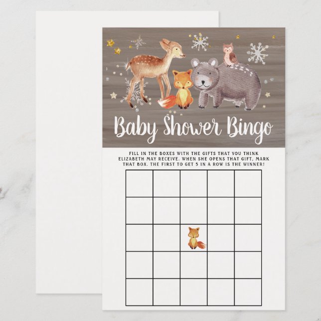 Baby Bingo Winter Woodland Animals Shower Game (Front/Back)