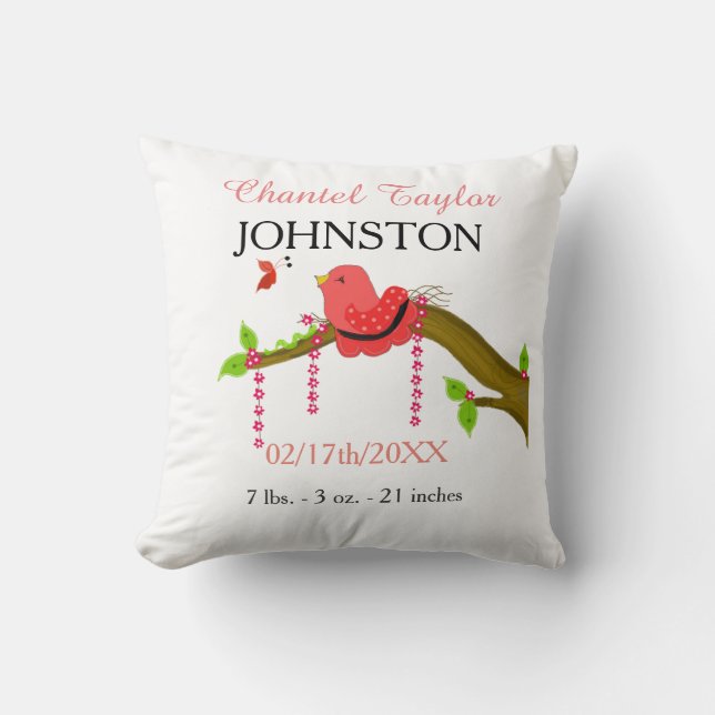 Baby Bird Baby Birth Announcement Cushion (Front)