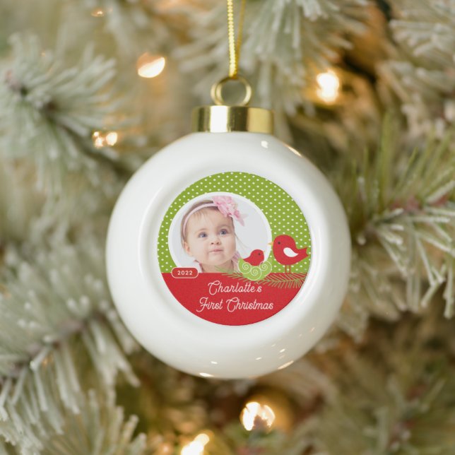 Baby Bird Baby's First Christmas Photo Ceramic Ball Christmas Ornament (Tree)