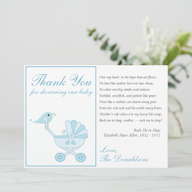 Baby Bird Blue Baby Shower  Thank You Card (Standing Front)
