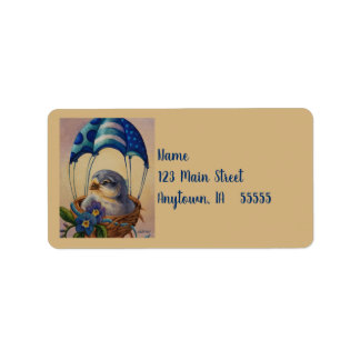 Baby Bird Fledgling Blue Parachute Watercolor Art Label