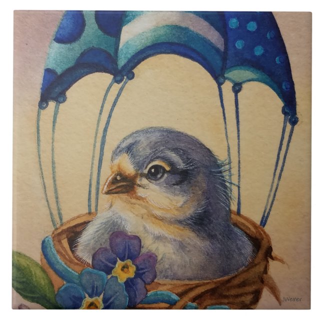 Baby Bird Fledgling Blue Parachute Watercolor Art Tile (Front)