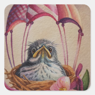 Baby Bird Fledgling Pink Parachute Watercolor Art Square Sticker