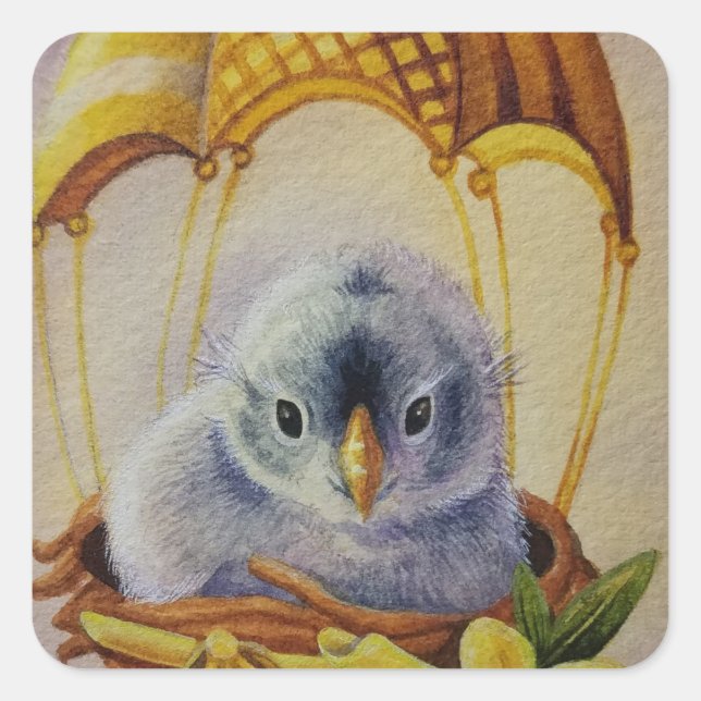 Baby Bird Fledgling Yellow Parachute Watercolor Square Sticker (Front)