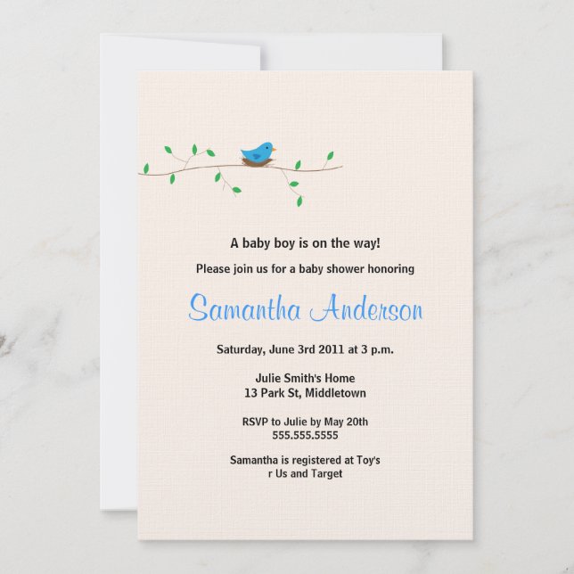 Baby Bird Nest Baby Shower Invitation- Boy Invitation (Front)