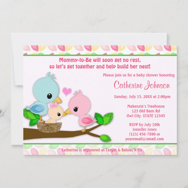 Baby Bird Nest Baby Shower Invitations GIRL Family (Front)