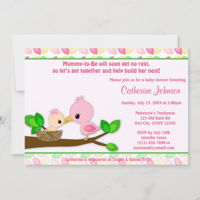 Baby Bird Nest Baby Shower Invitations GIRL Mummy (Front)